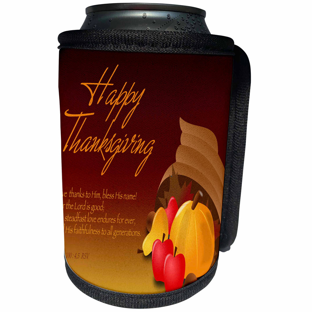 3dRose 777images Designs Graphic Designs Holidays - Happy Thanksgiving Cornucopia with Bible Verse Psalm 100 - Can Cooler Bottle Wrap (cc_26778)