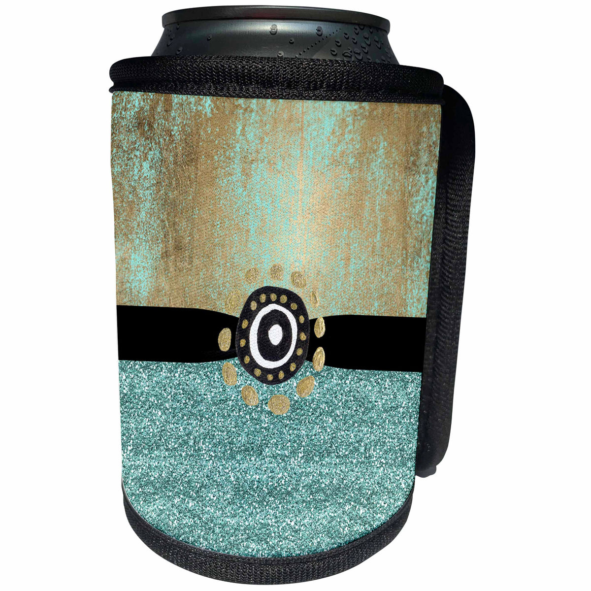 3dRose Anne Marie Baugh - Glitter and Chic - Contemporary Aqua and Gold Brush Stroke, Glitter, Aztec Design - Can Cooler Bottle Wrap (cc_267784)