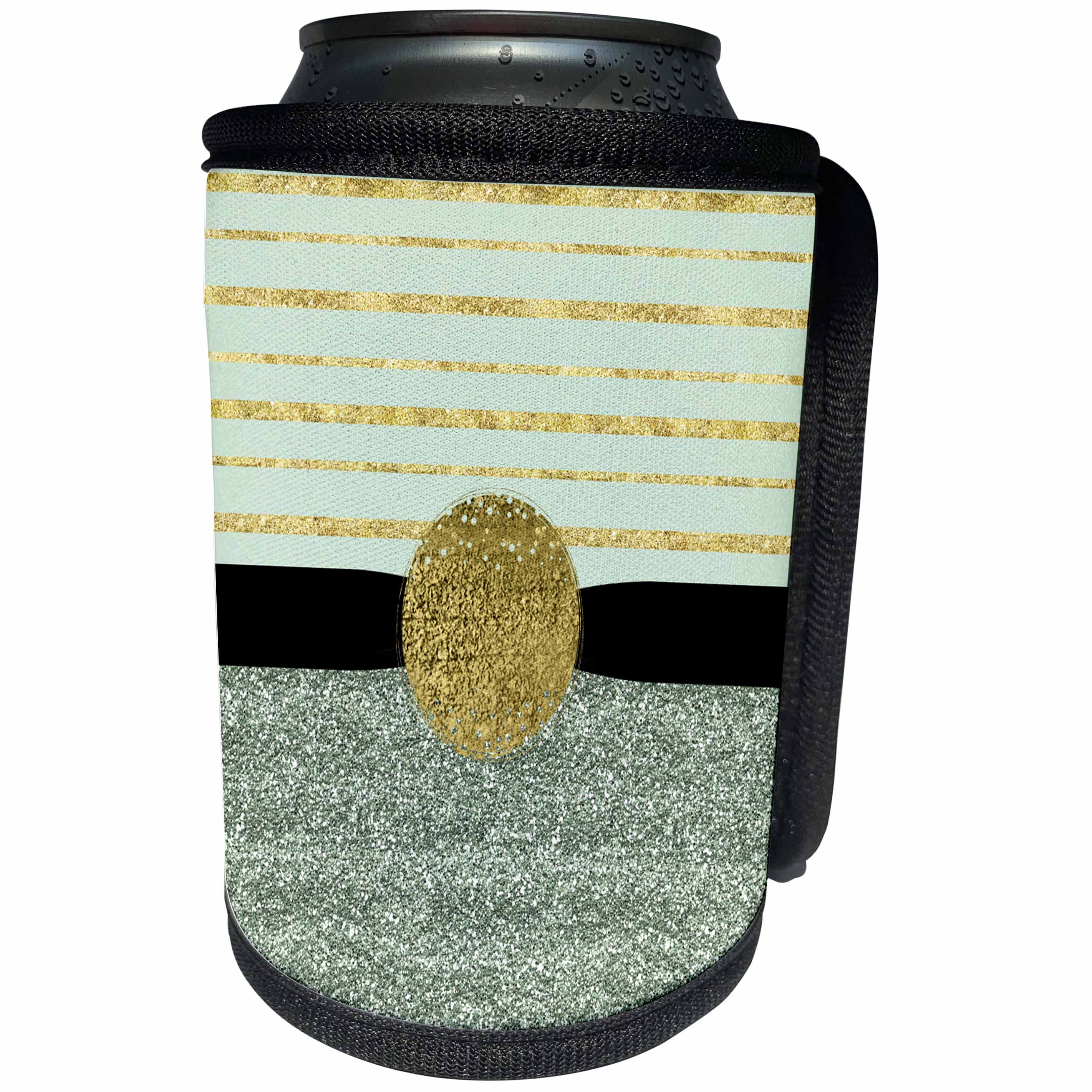3dRose Anne Marie Baugh - Glitter and Chic - Contemporary Mint Green and Gold Stripes, Glitter, Gold Circle - Can Cooler Bottle Wrap (cc_267785)
