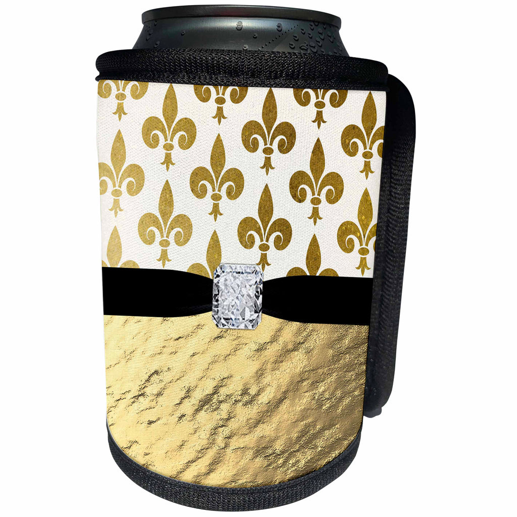 3dRose Anne Marie Baugh - Glitter and Chic - Glam Gold Fleur De Lis, Gold Digital Metal, Digital Diamond Design - Can Cooler Bottle Wrap (cc_267789)