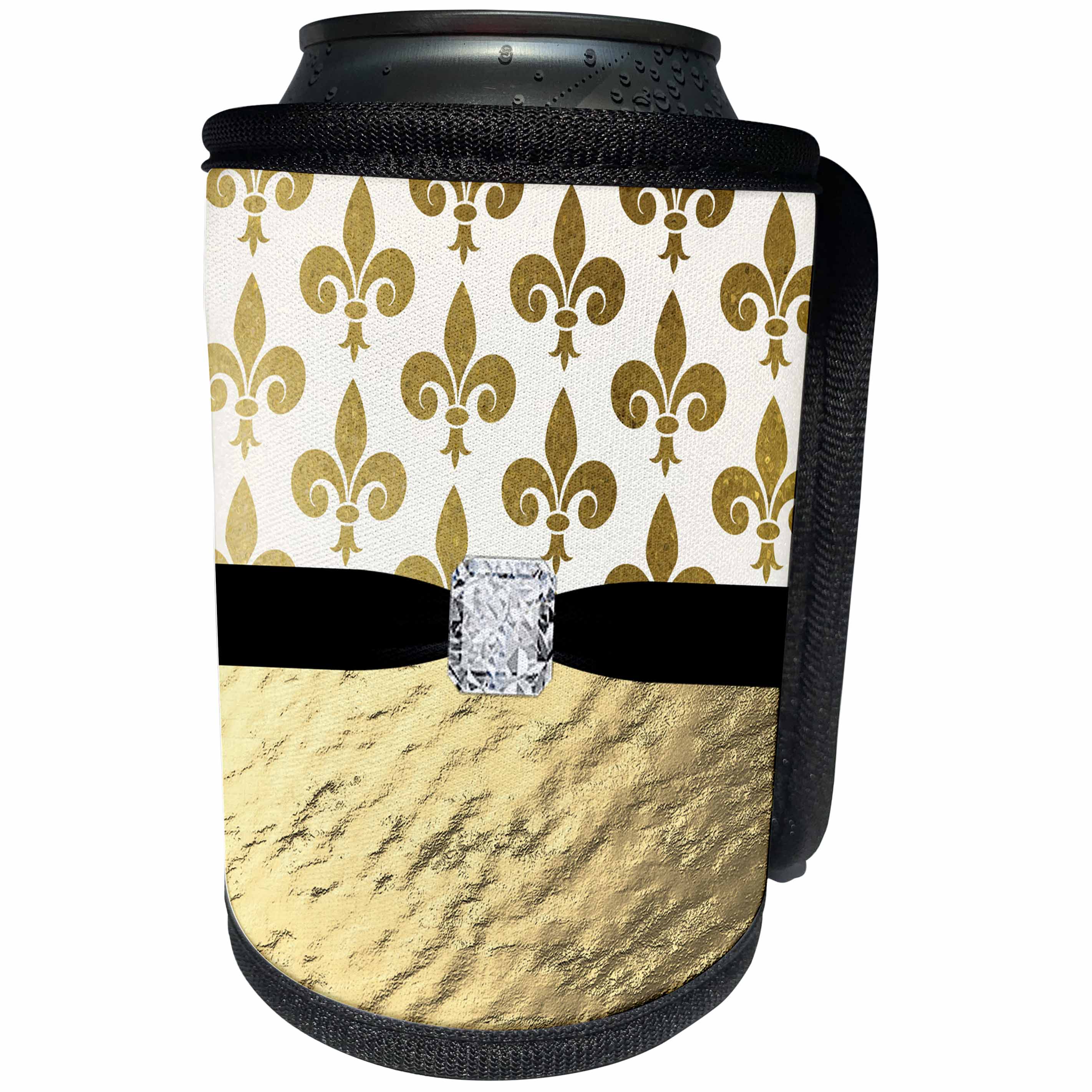 3dRose Anne Marie Baugh - Glitter and Chic - Glam Gold Fleur De Lis, Gold Digital Metal, Digital Diamond Design - Can Cooler Bottle Wrap (cc_267789)