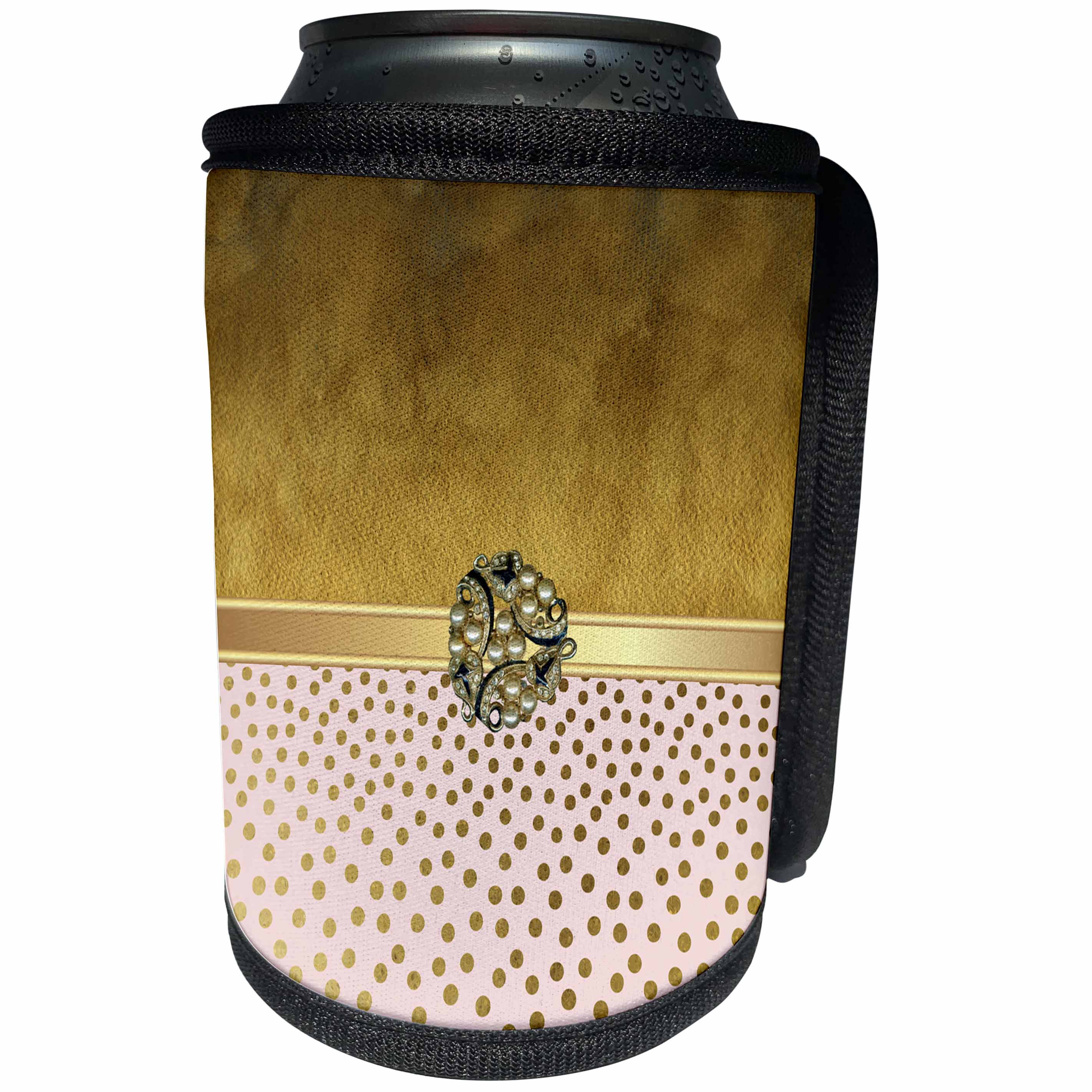 3dRose Anne Marie Baugh - Glitter and Chic - Glam Gold Watercolor, Pink and Gold Dots With A Digital Pearl Center - Can Cooler Bottle Wrap (cc_267790)
