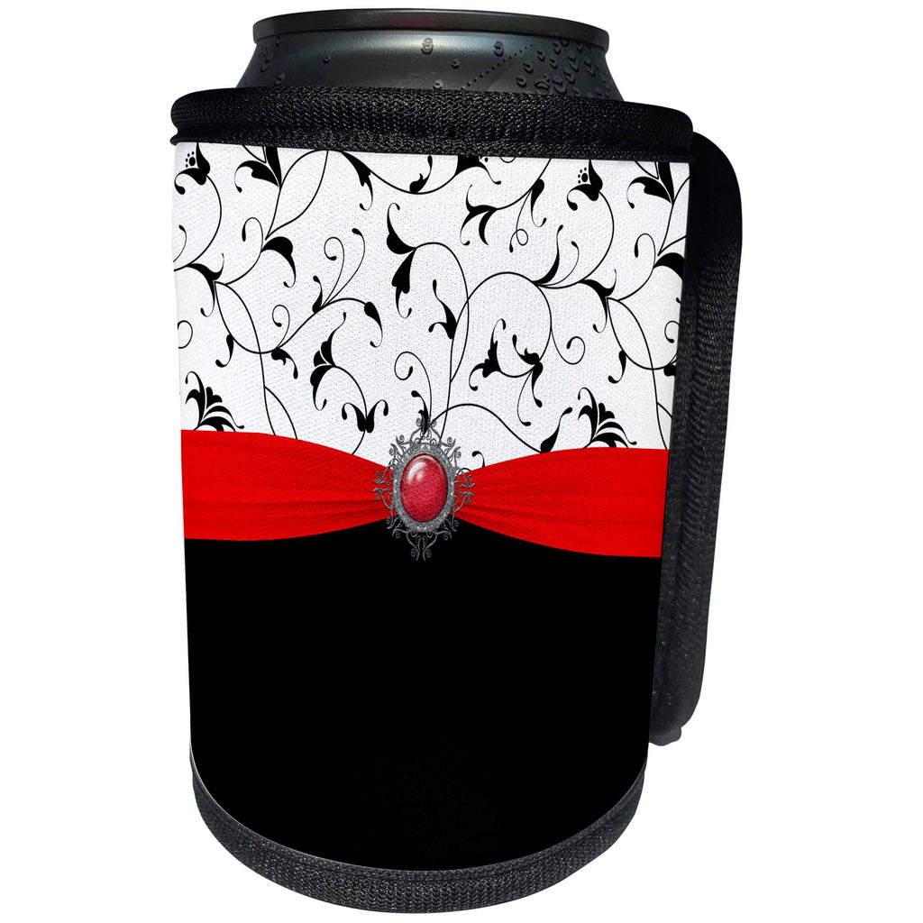 3dRose Anne Marie Baugh - Glitter and Chic - Pretty Black and White Filigree, Red Ribbon and Digital Jewel Design - Can Cooler Bottle Wrap (cc_267795)
