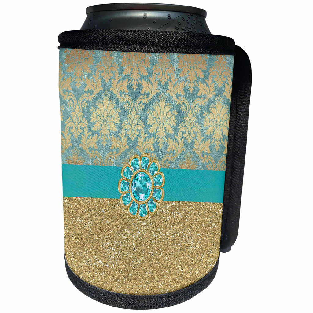 3dRose Anne Marie Baugh - Glitter and Chic - Pretty Gold and Aqua Blue Damask, Gold Glitter, Digital Jewel Design - Can Cooler Bottle Wrap (cc_267796)