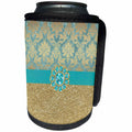 3dRose Anne Marie Baugh - Glitter and Chic - Pretty Gold and Aqua Blue Damask, Gold Glitter, Digital Jewel Design - Can Cooler Bottle Wrap (cc_267796)