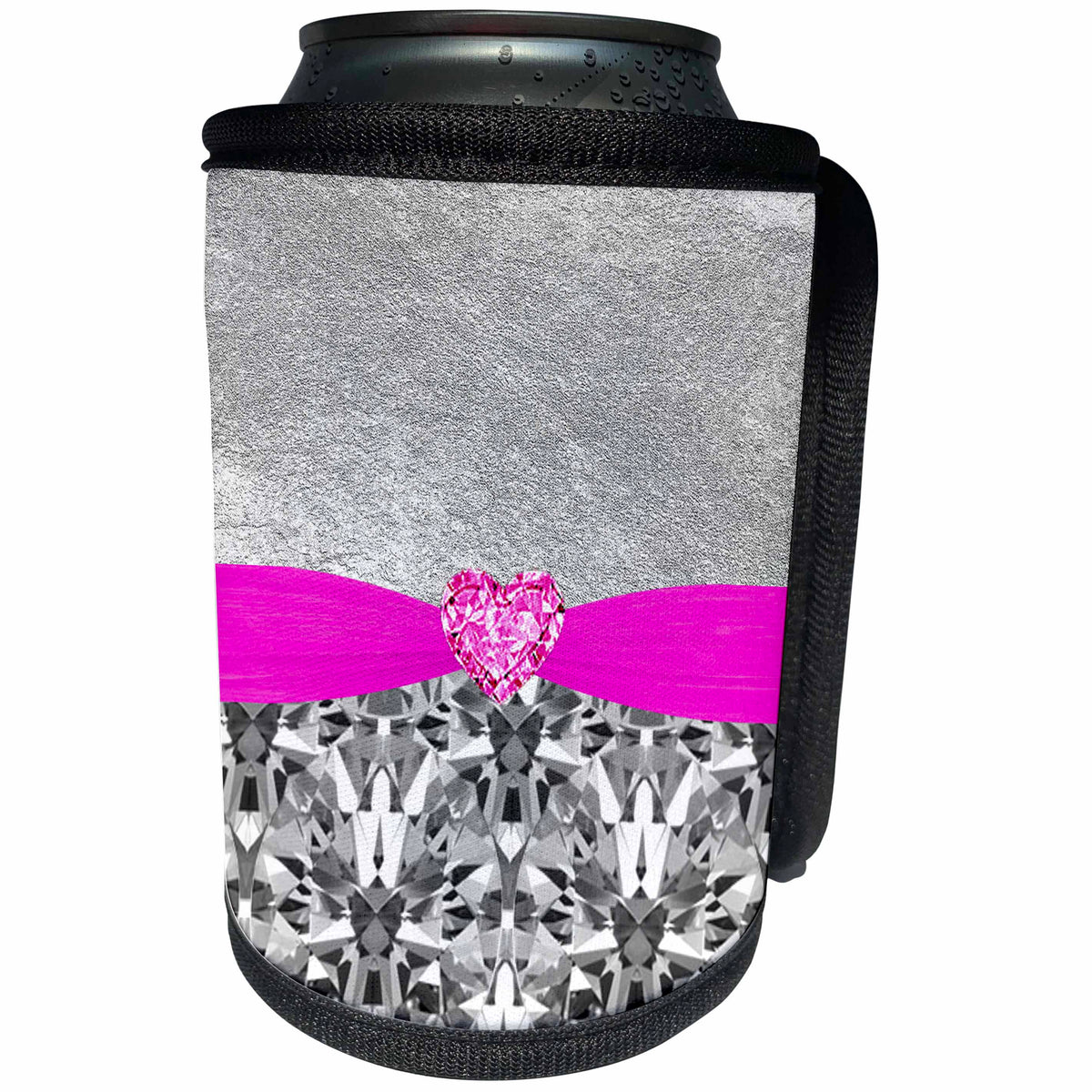 3dRose Anne Marie Baugh - Glitter and Chic - Silver Digital Metal, Printed Diamond, Pink Heart Jewel Design - Can Cooler Bottle Wrap (cc_267797)
