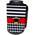 3dRose Anne Marie Baugh - Glitter and Chic - Dark Blue Stripes, and Dots Red Ribbon Gold Circle Center Design - Can Cooler Bottle Wrap (cc_267798)