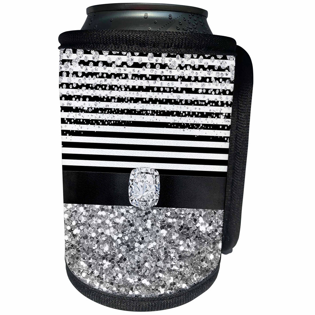 3dRose Anne Marie Baugh - Glitter and Chic - Black and White Stripes Digital Diamond, Silver Glitter Design - Can Cooler Bottle Wrap (cc_267800)