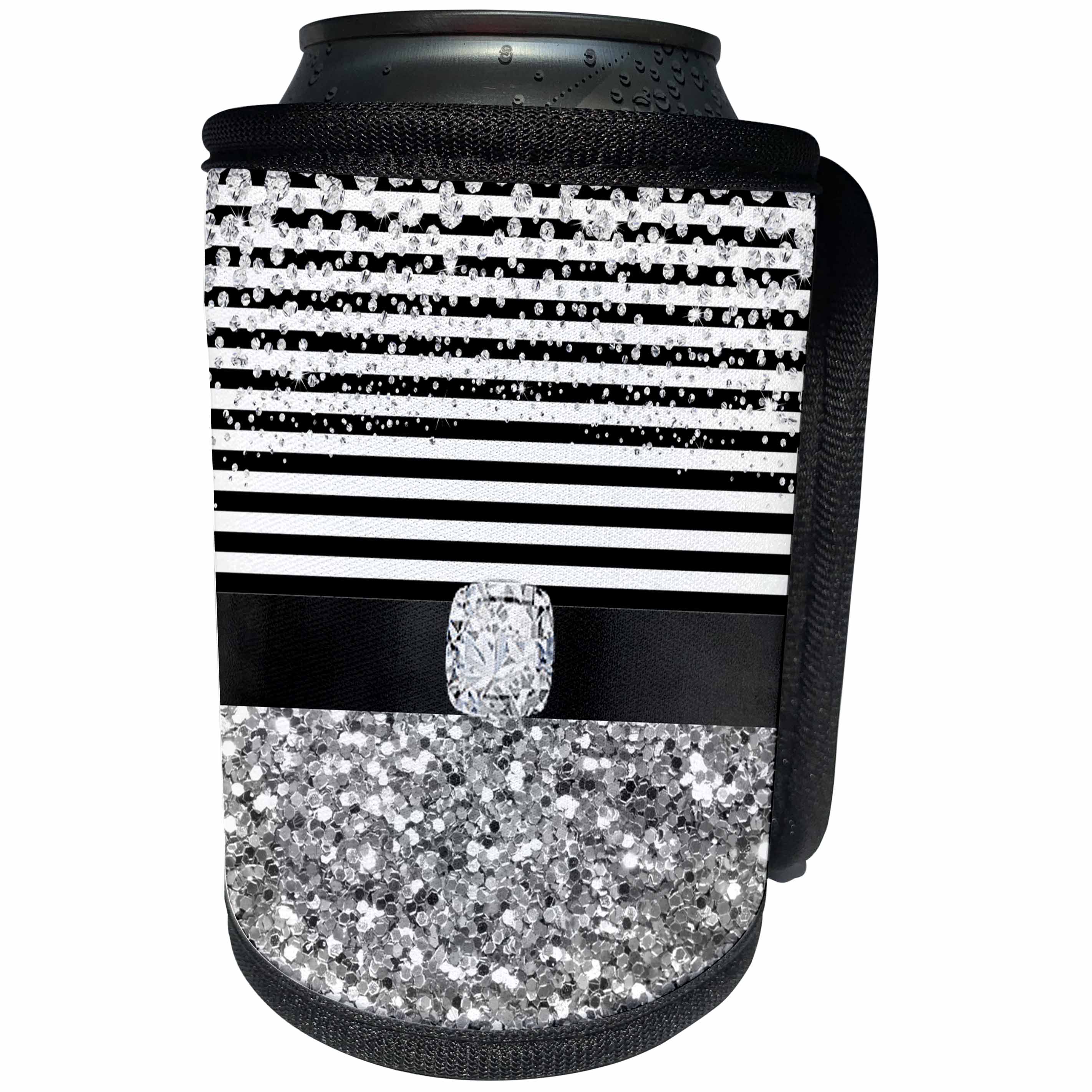 3dRose Anne Marie Baugh - Glitter and Chic - Black and White Stripes Digital Diamond, Silver Glitter Design - Can Cooler Bottle Wrap (cc_267800)