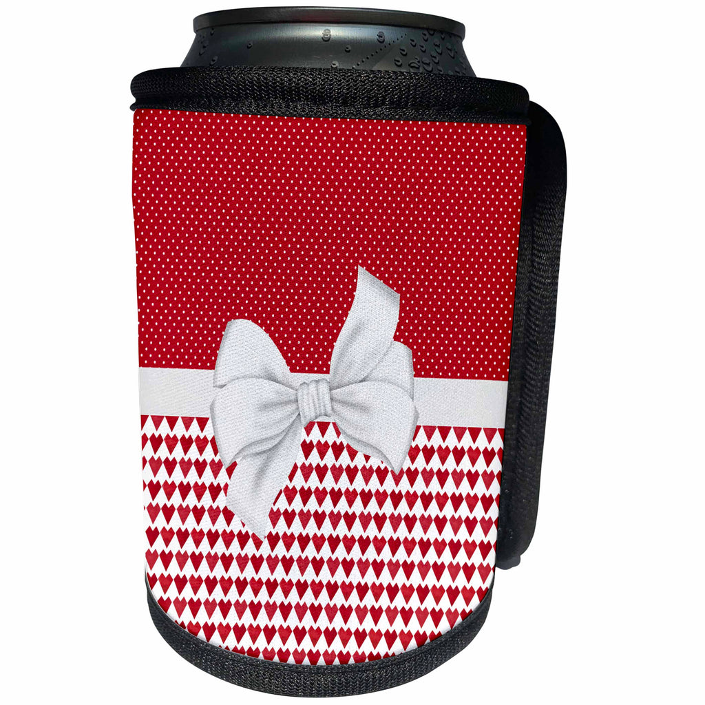 3dRose Anne Marie Baugh - Hearts and Valentines - Cute Red and White Watercolor Hearts, Polka Dot and Bow Design - Can Cooler Bottle Wrap (cc_267806)