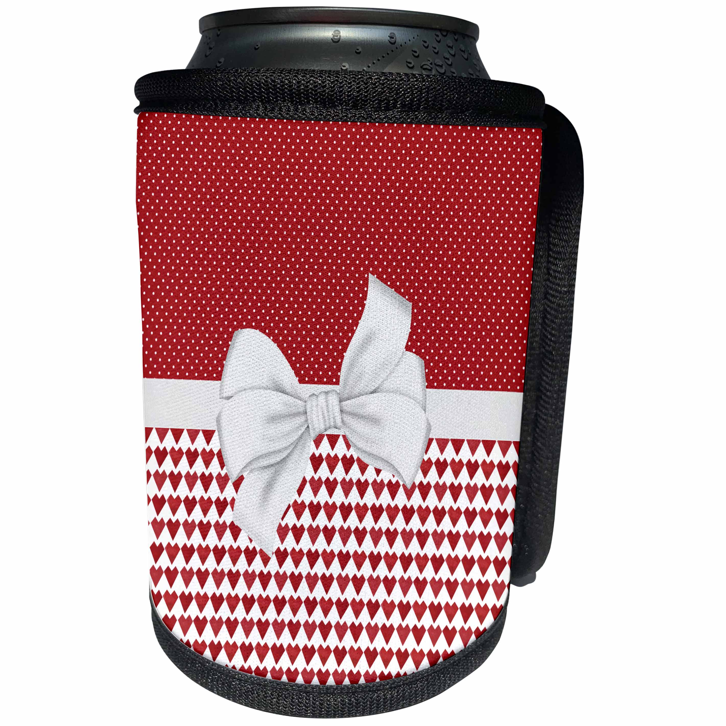 3dRose Anne Marie Baugh - Hearts and Valentines - Cute Red and White Watercolor Hearts, Polka Dot and Bow Design - Can Cooler Bottle Wrap (cc_267806)