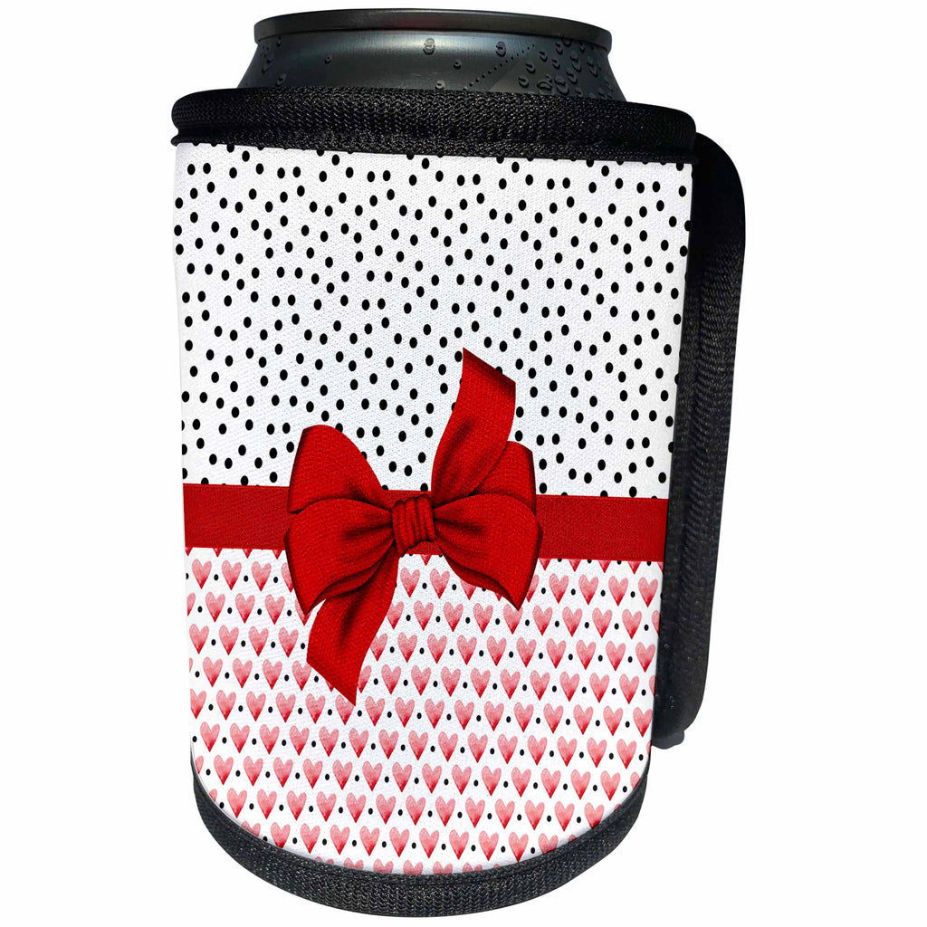 3dRose Anne Marie Baugh - Hearts and Valentines - Cute Red and White Watercolor Hearts, Black Confetti and Bow Design - Can Cooler Bottle Wrap (cc_267807)