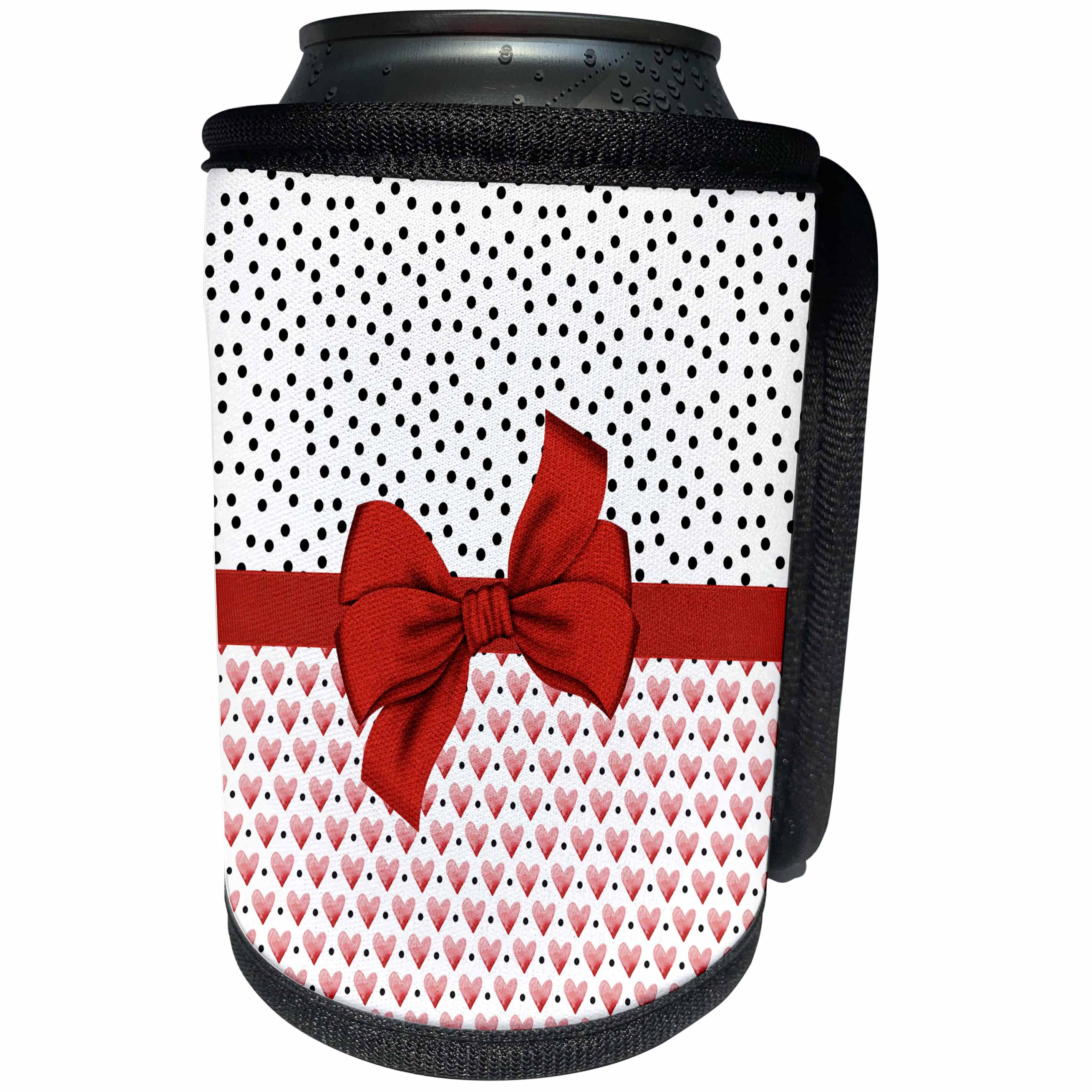 3dRose Anne Marie Baugh - Hearts and Valentines - Cute Red and White Watercolor Hearts, Black Confetti and Bow Design - Can Cooler Bottle Wrap (cc_267807)
