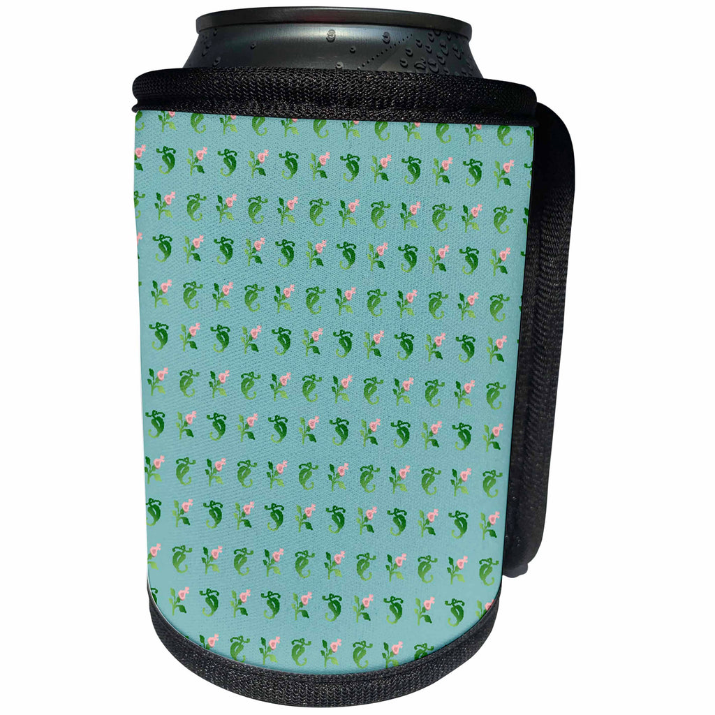 3dRose 777images Designs Patterns - Pink green floral pattern on blue green background - Can Cooler Bottle Wrap (cc_26781)