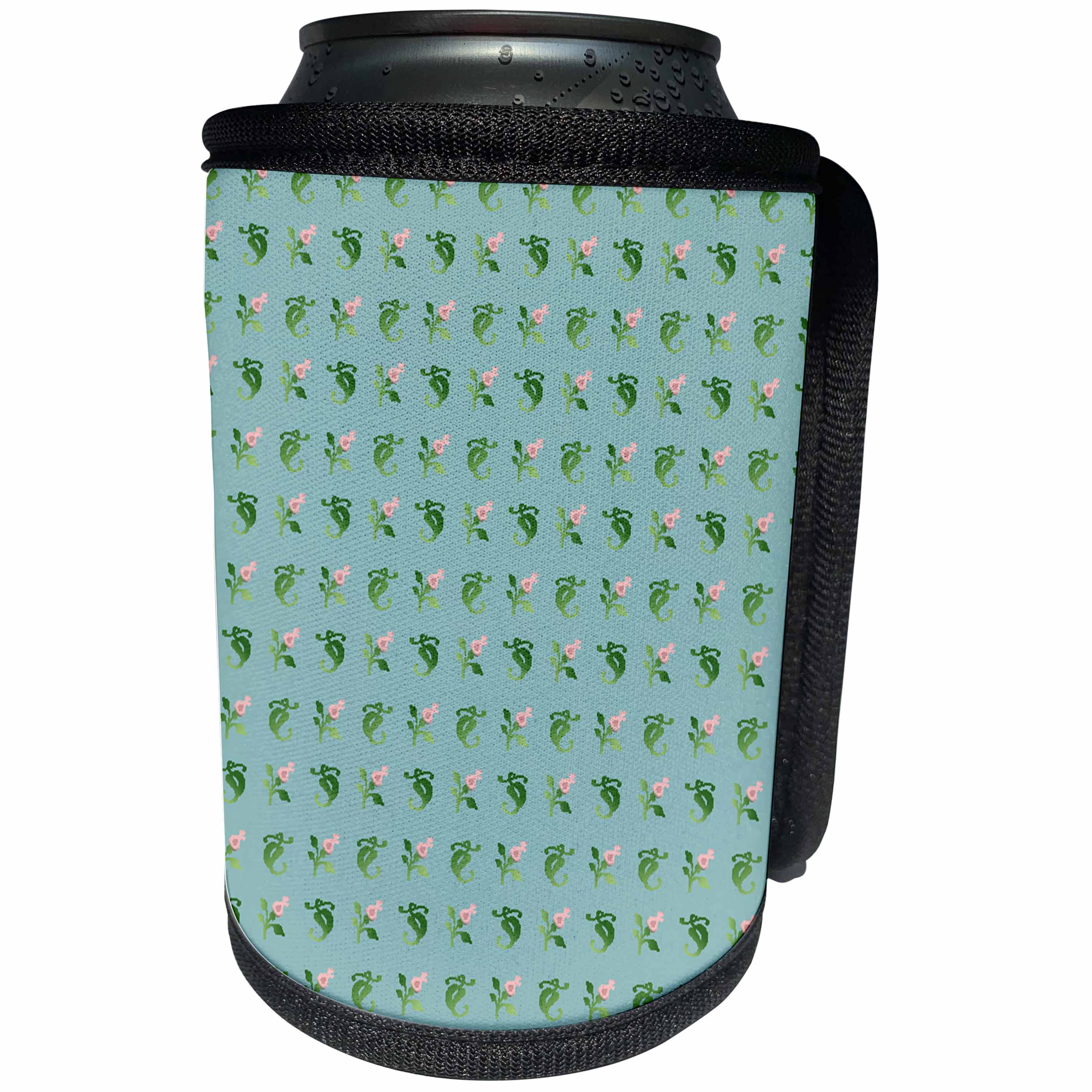 3dRose 777images Designs Patterns - Pink green floral pattern on blue green background - Can Cooler Bottle Wrap (cc_26781)