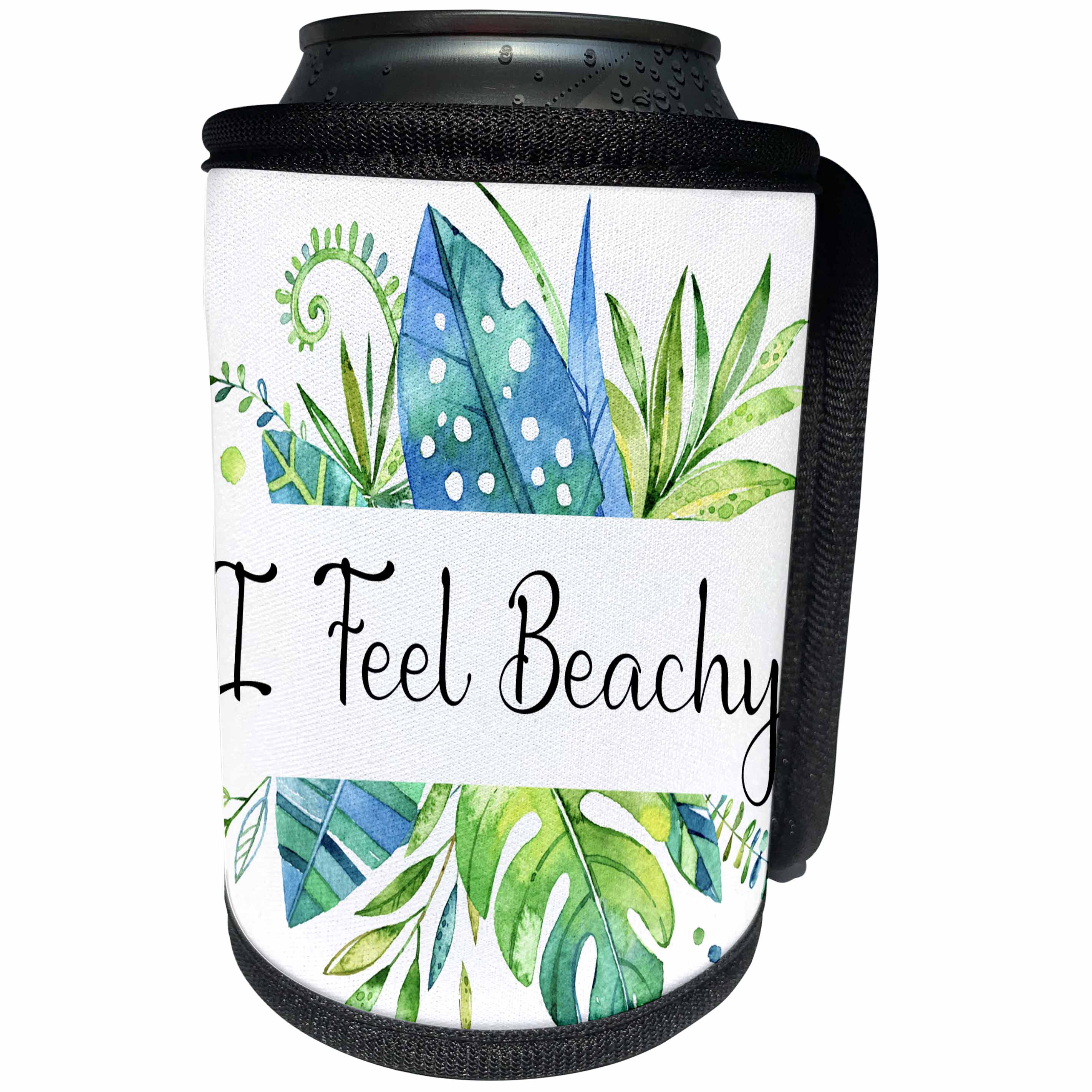 3dRose Anne Marie Baugh - Word Designs - I Feel Beachy, Watercolor Tropical Leaves Design - Can Cooler Bottle Wrap (cc_267814)