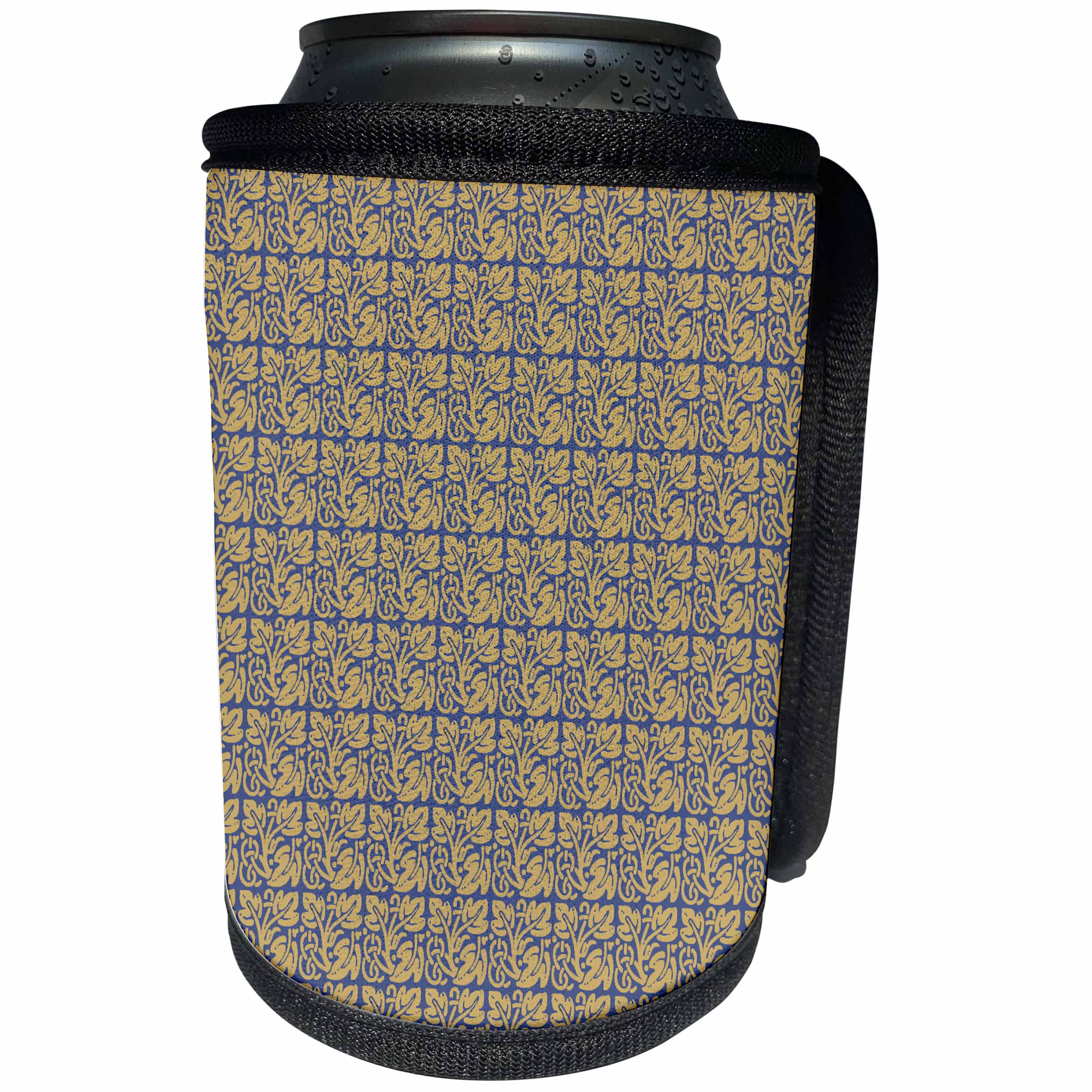 3dRose 777images Designs Patterns - Vintage Damask leaf pattern in blue and tan - Can Cooler Bottle Wrap (cc_26783)