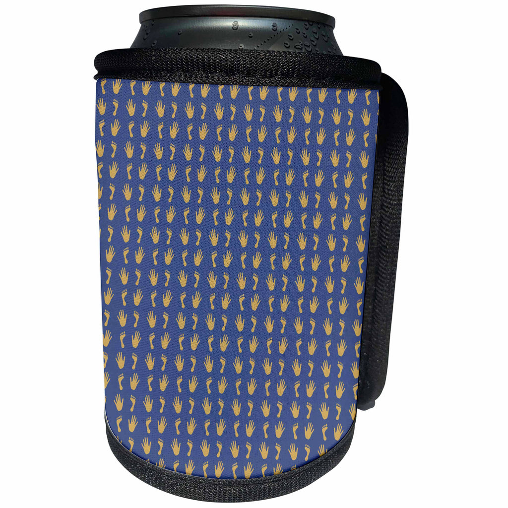 3dRose 777images Designs Patterns - Contemporary hands and feet pattern in blue grey and tan - Can Cooler Bottle Wrap (cc_26784)