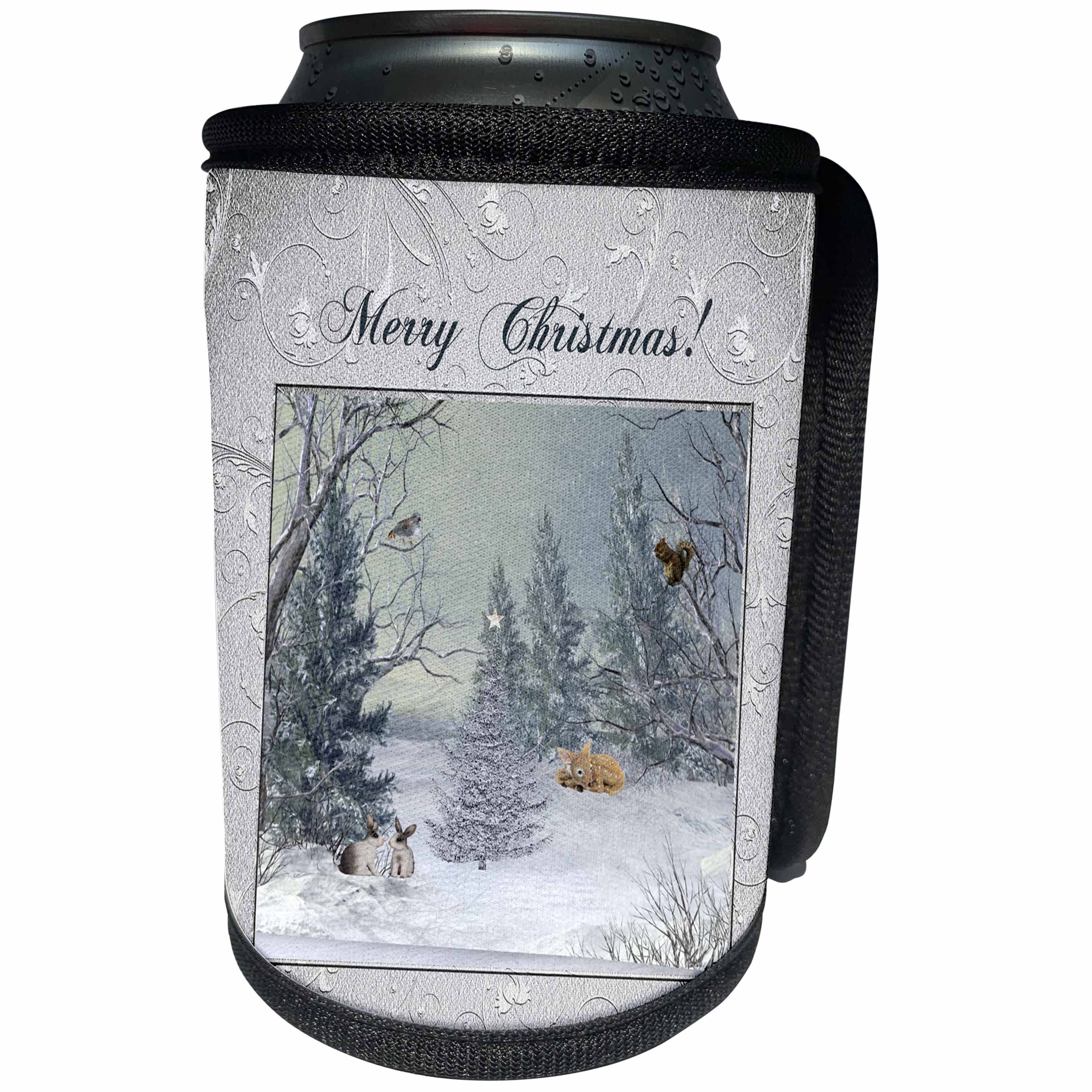 3dRose Beverly Turner Christmas Design - Animals in the Winter Forest, Tree with Star, Merry Christmas - Can Cooler Bottle Wrap (cc_267913)