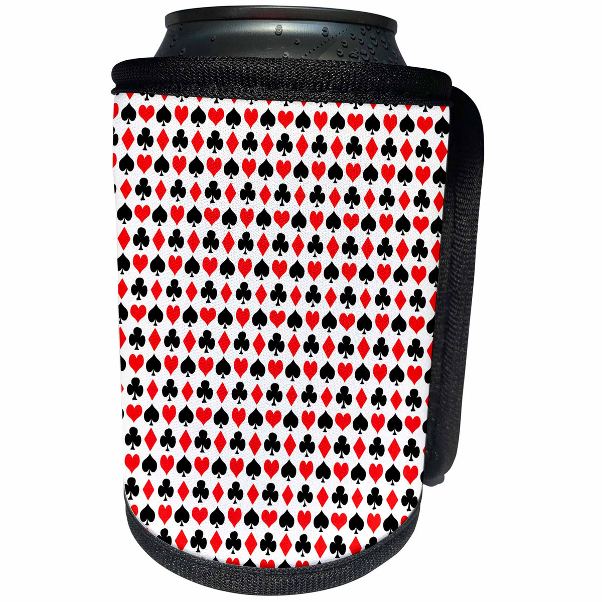 3dRose 777images Designs Patterns - Red and Black Hearts Clubs Spades Diamonds on White background - Can Cooler Bottle Wrap (cc_26792)