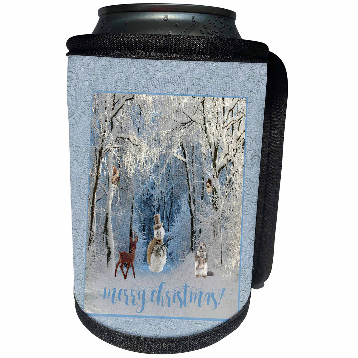 3dRose Beverly Turner Christmas Design - Snowman in the Forest with Deer, Beavers, Squirrel, Merry Christmas - Can Cooler Bottle Wrap (cc_267932)
