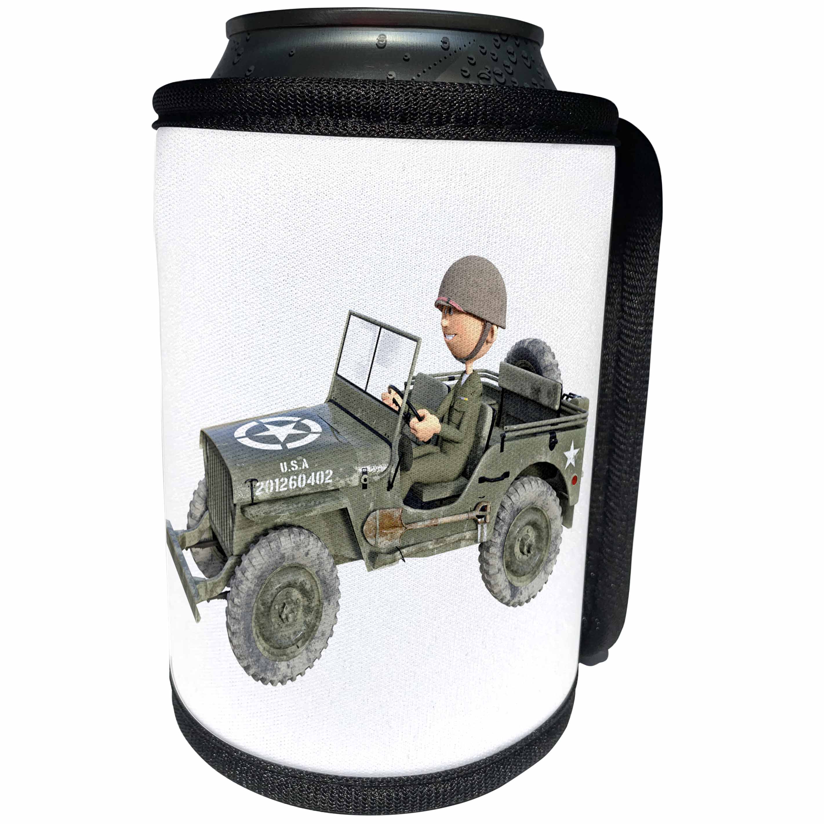 3dRose Boehm Graphics Cartoon - Military Truck with Cartoon Soldier - Can Cooler Bottle Wrap (cc_268023)