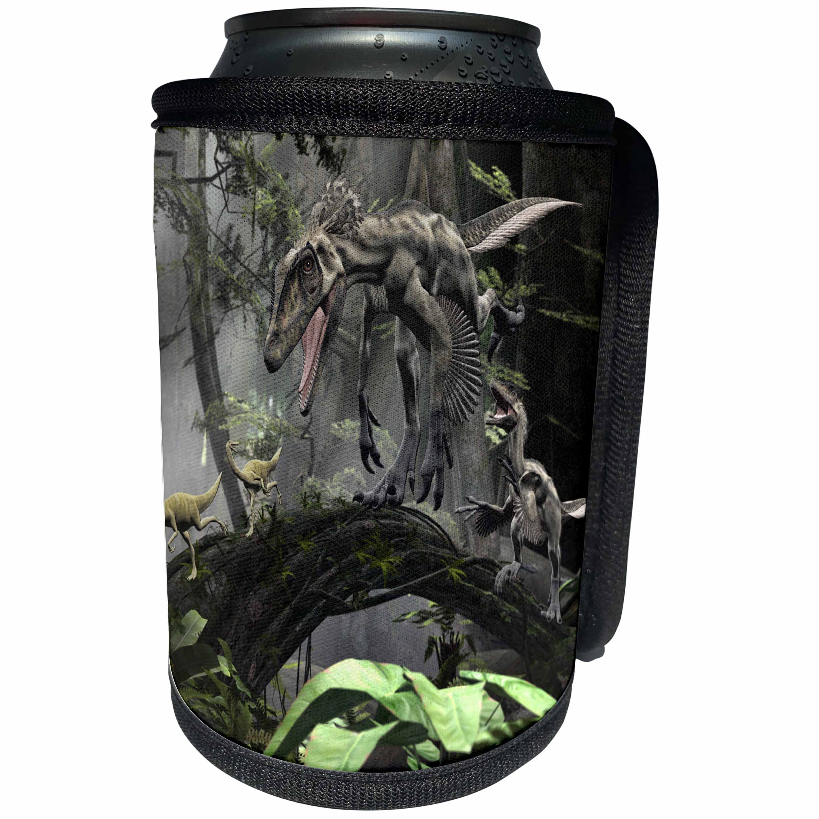 3dRose Boehm Graphics Dinosaur - Deinonychus Chasing Smaller Dinosaurs in the Forest - Can Cooler Bottle Wrap (cc_268042)