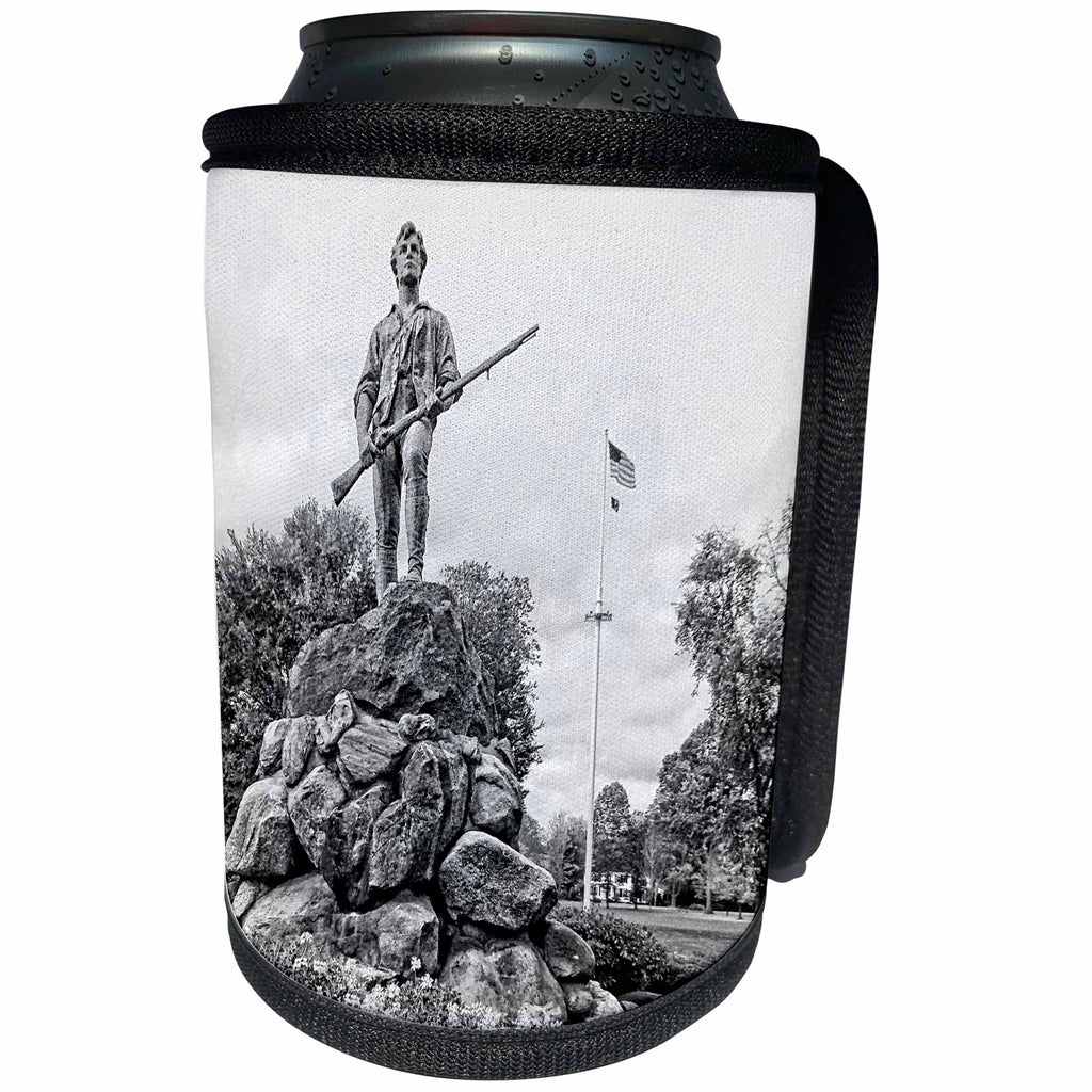 3dRose Boehm Graphics History - Lexington Minuteman Statue in Black and White - Can Cooler Bottle Wrap (cc_268060)
