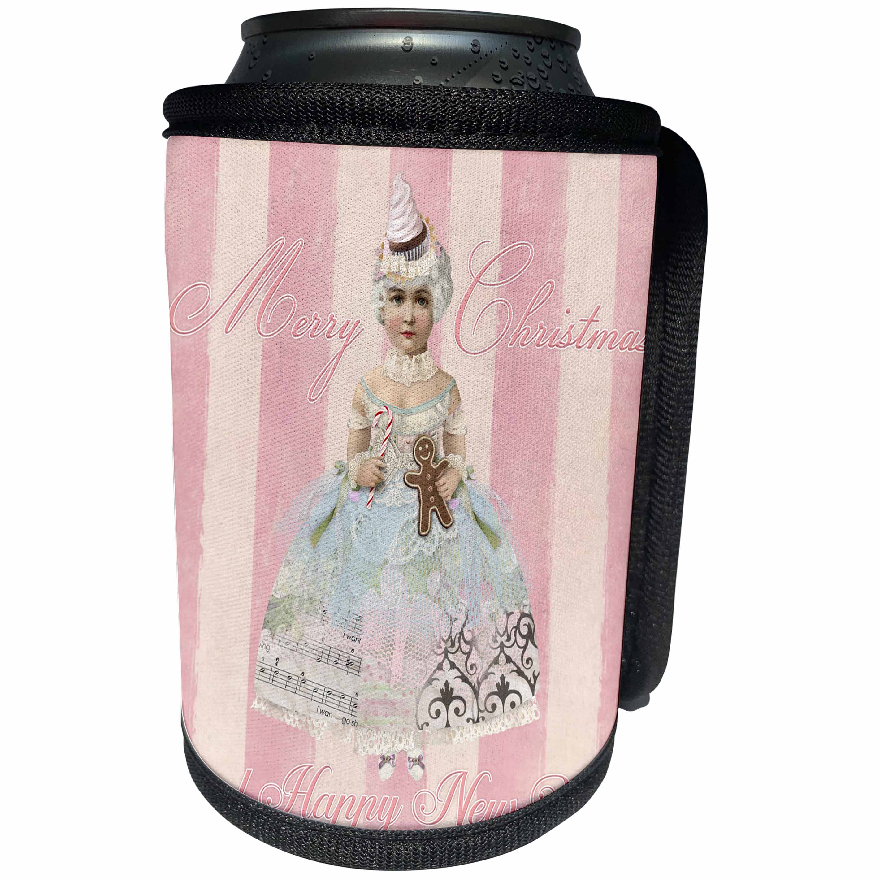 3dRose Andrea Haase Christmas Vintage - Nostalgic Christmas Fairy Illustration On Pink Stripes - Can Cooler Bottle Wrap (cc_268062)