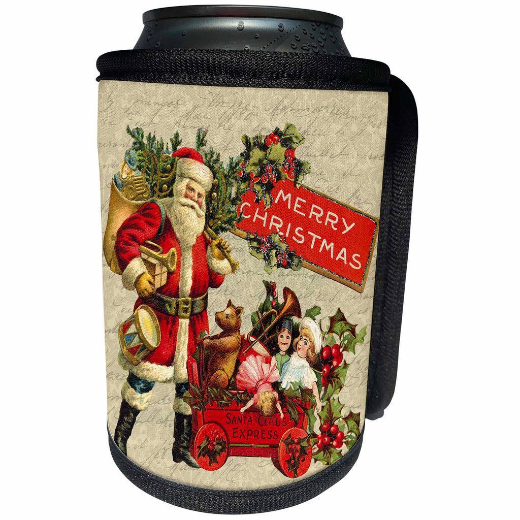 3dRose Andrea Haase Christmas Vintage - Nostalgic Santa Claus With Toys Christmas Illustration - Can Cooler Bottle Wrap (cc_268068)