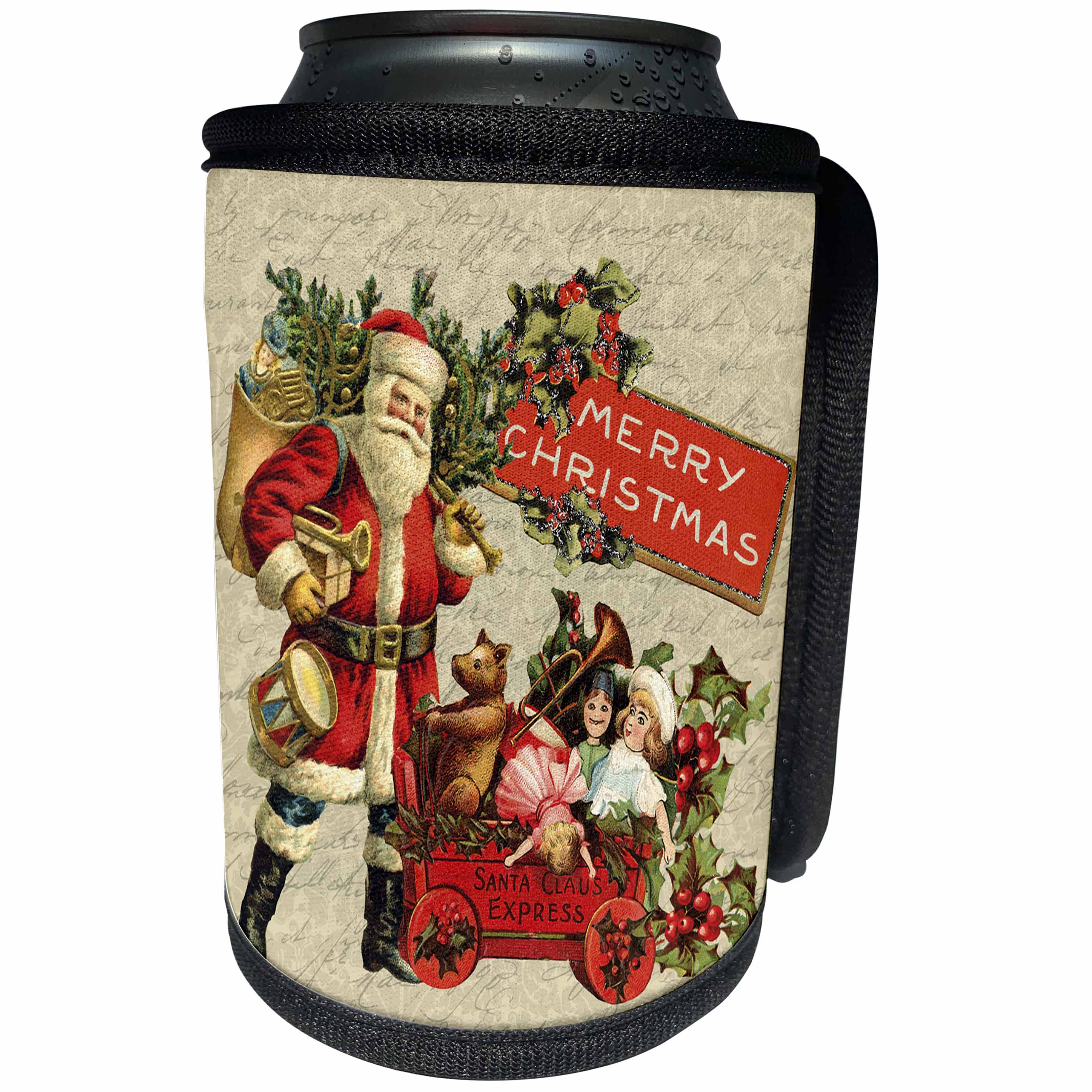 3dRose Andrea Haase Christmas Vintage - Nostalgic Santa Claus With Toys Christmas Illustration - Can Cooler Bottle Wrap (cc_268068)