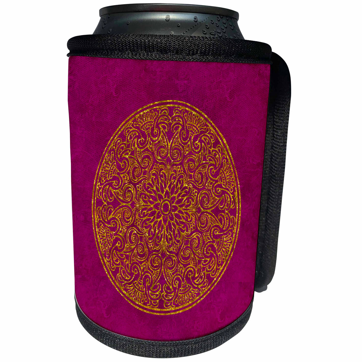 3dRose Andrea Haase Glamour and Glitter - Glamorous Elegant Golden Ornament On Bordeaux Red Background - Can Cooler Bottle Wrap (cc_268097)