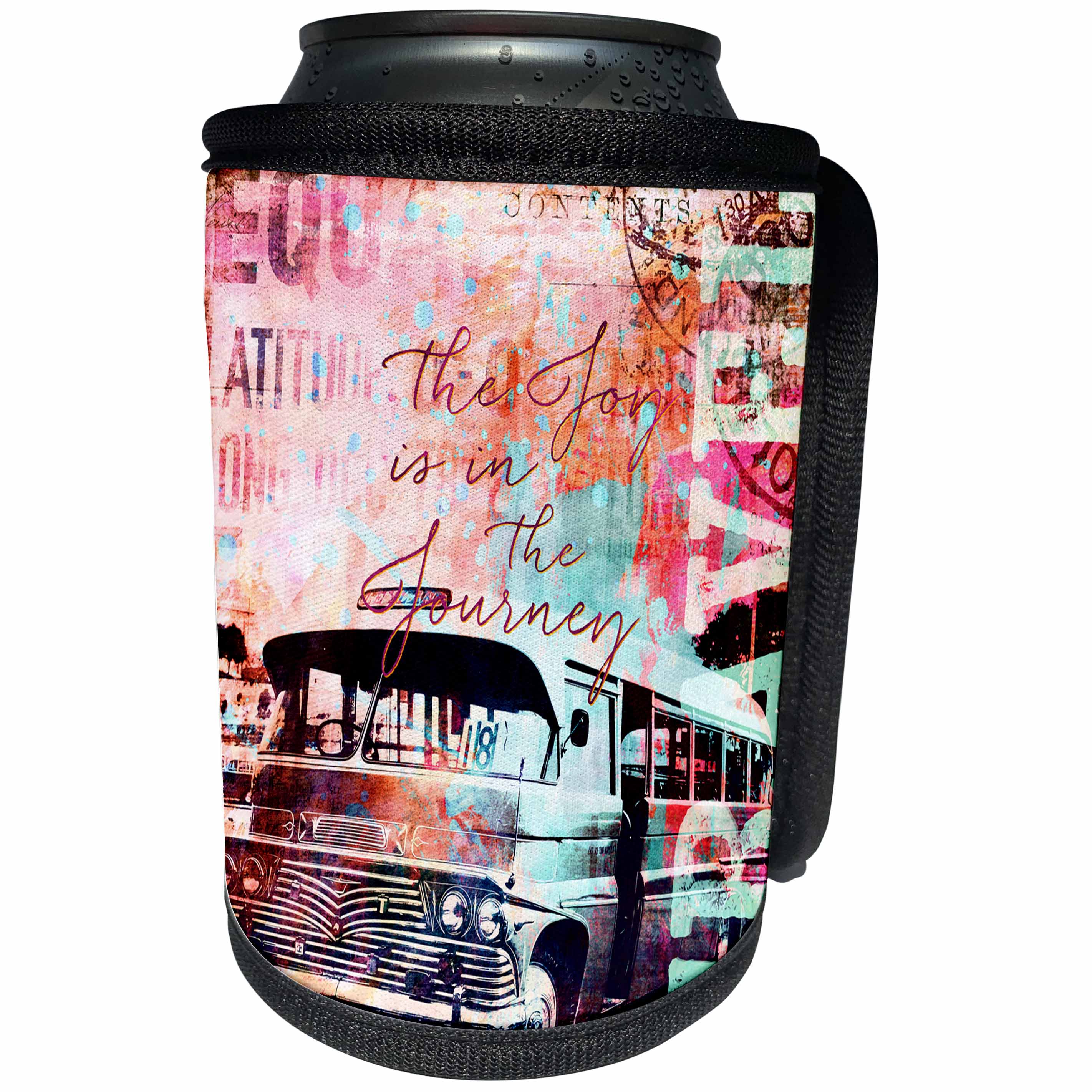 3dRose Andrea Haase Art Illustration - Travel Camper Van Mixed Media Art With Text The Joy Is In The Journey - Can Cooler Bottle Wrap (cc_268109)