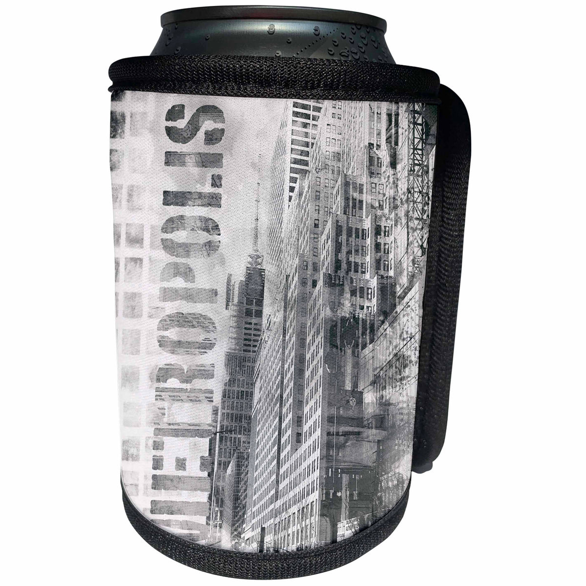 3dRose Andrea Haase Art Illustration - Modern Metropolis Urban City Art With Typography In Monochrome Grey - Can Cooler Bottle Wrap (cc_268114)