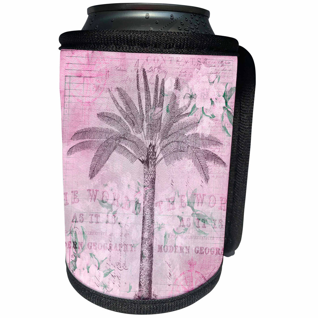 3dRose Andrea Haase Art Illustration - Nostalgic Retro Palm Tree Illustration With Writing Elements In Pink - Can Cooler Bottle Wrap (cc_268118)