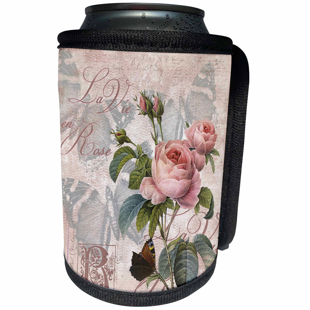 3dRose Andrea Haase Art Illustration - Rose Flower Nostalgic Botanical Illustration With Text Elements - Can Cooler Bottle Wrap (cc_268119)