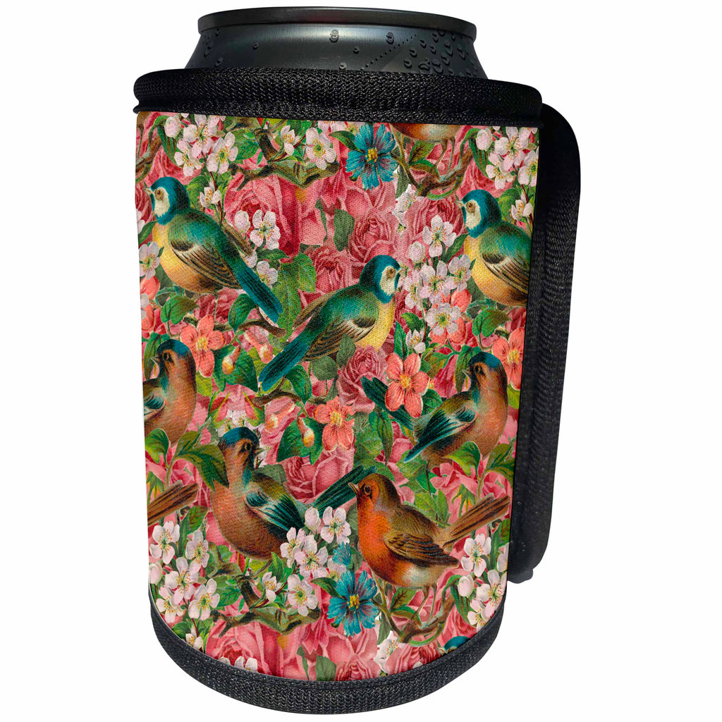 3dRose Andrea Haase Art Illustration - Nostalgic Retro Flower And Bird Pattern - Can Cooler Bottle Wrap (cc_268120)