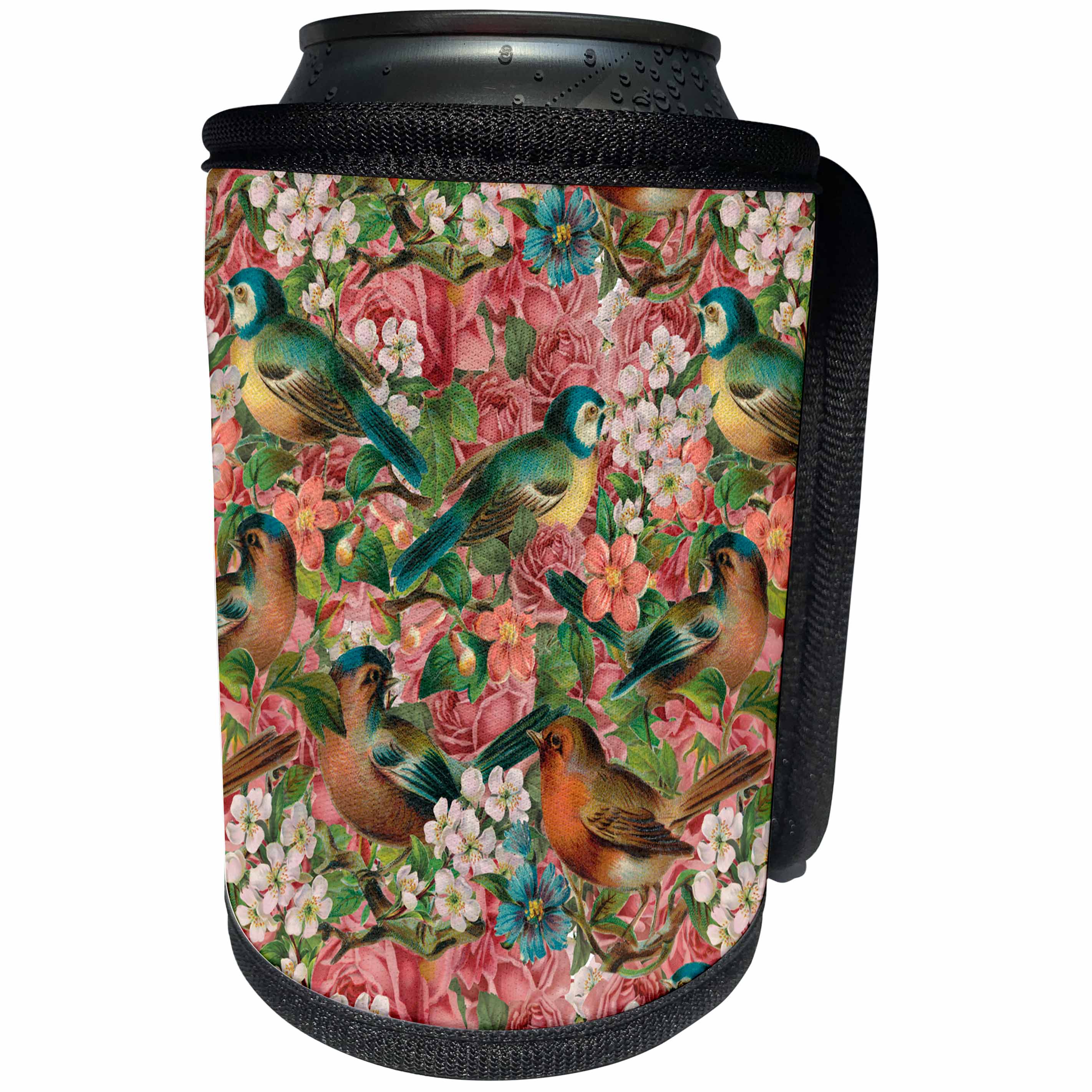 3dRose Andrea Haase Art Illustration - Nostalgic Retro Flower And Bird Pattern - Can Cooler Bottle Wrap (cc_268120)