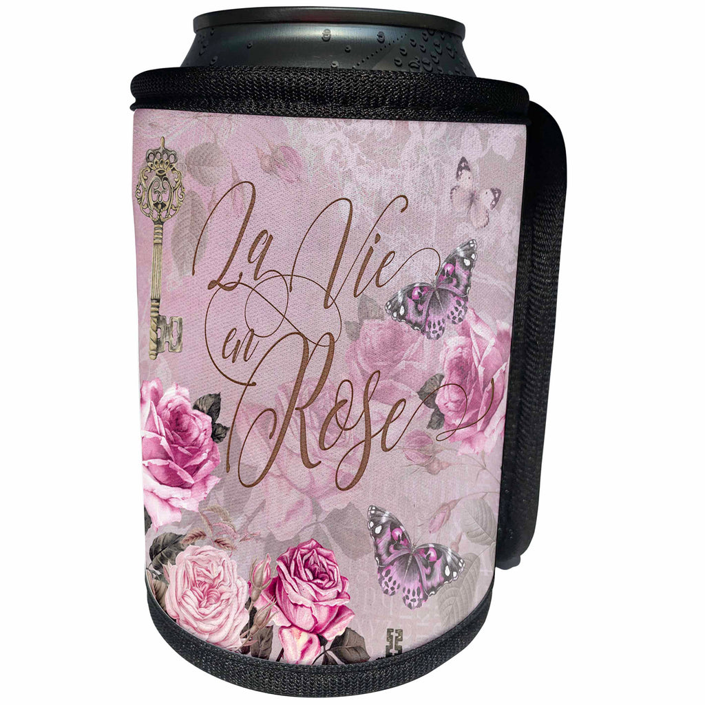 3dRose Andrea Haase Art Illustration - Rose Nostalgic And Romantic Illustration With Text Elements - Can Cooler Bottle Wrap (cc_268121)