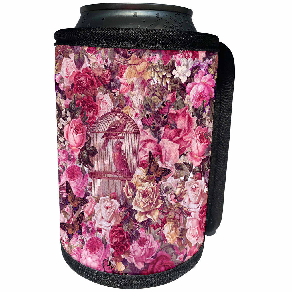 3dRose Andrea Haase Art Illustration - Romantic Rose Flower Pattern With Bird Cage In Pink - Can Cooler Bottle Wrap (cc_268125)