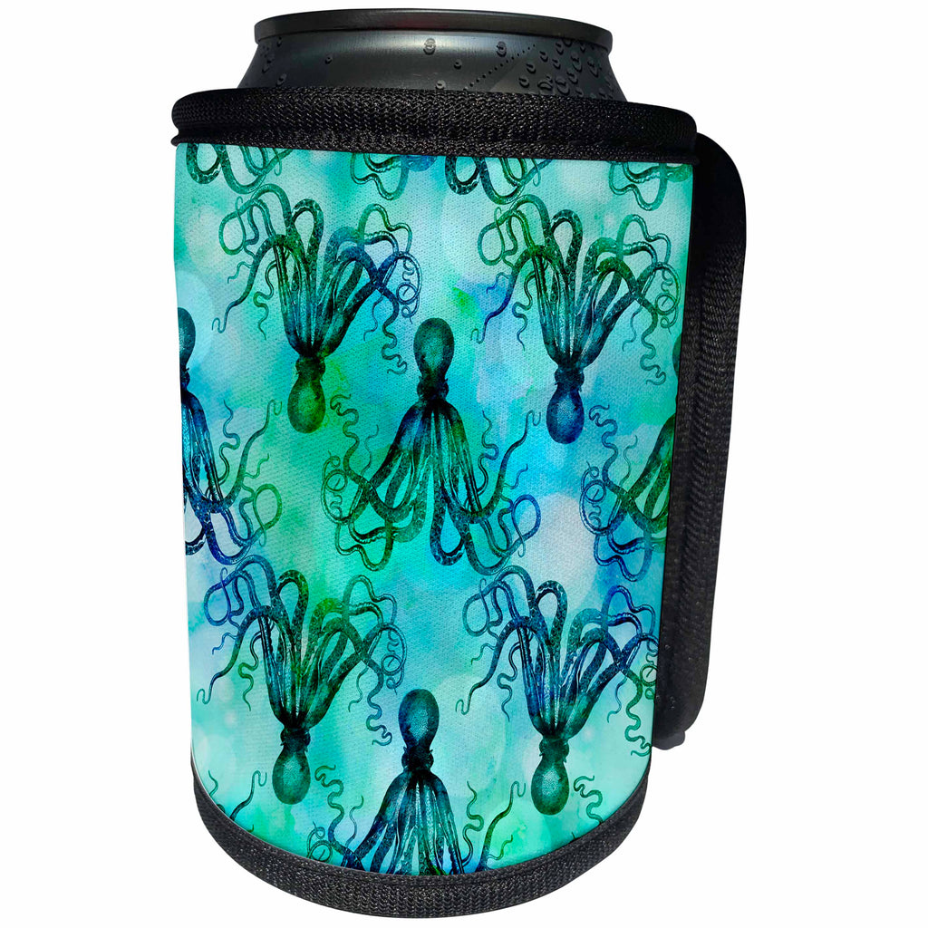 3dRose Andrea Haase Animals Illustration - Mixed Media Art Octopus Allover Pattern In Blue - Can Cooler Bottle Wrap (cc_268135)