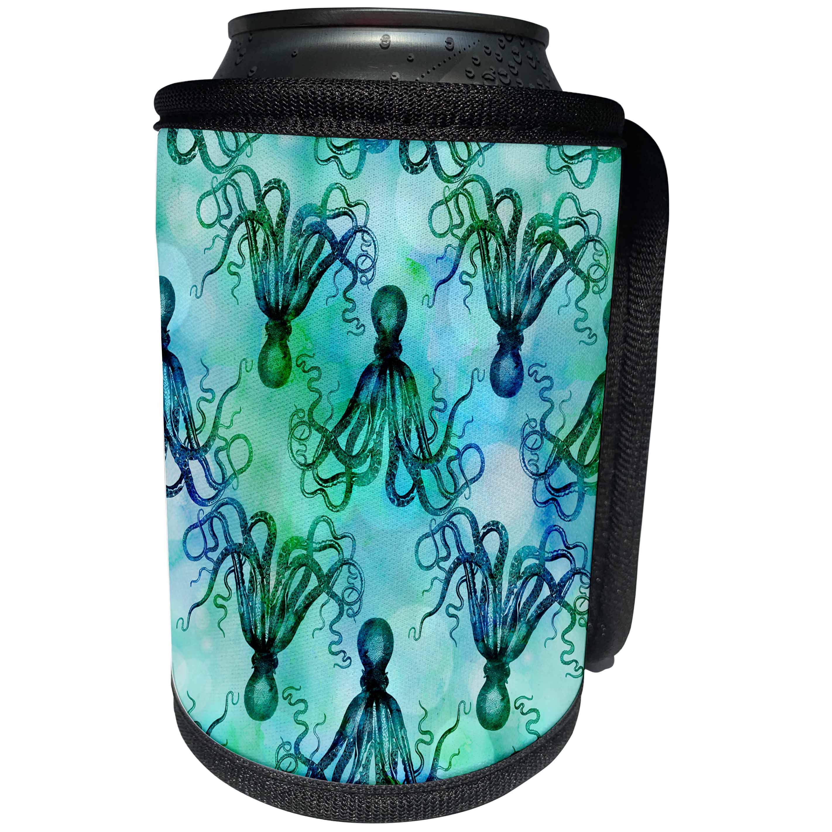 3dRose Andrea Haase Animals Illustration - Mixed Media Art Octopus Allover Pattern In Blue - Can Cooler Bottle Wrap (cc_268135)