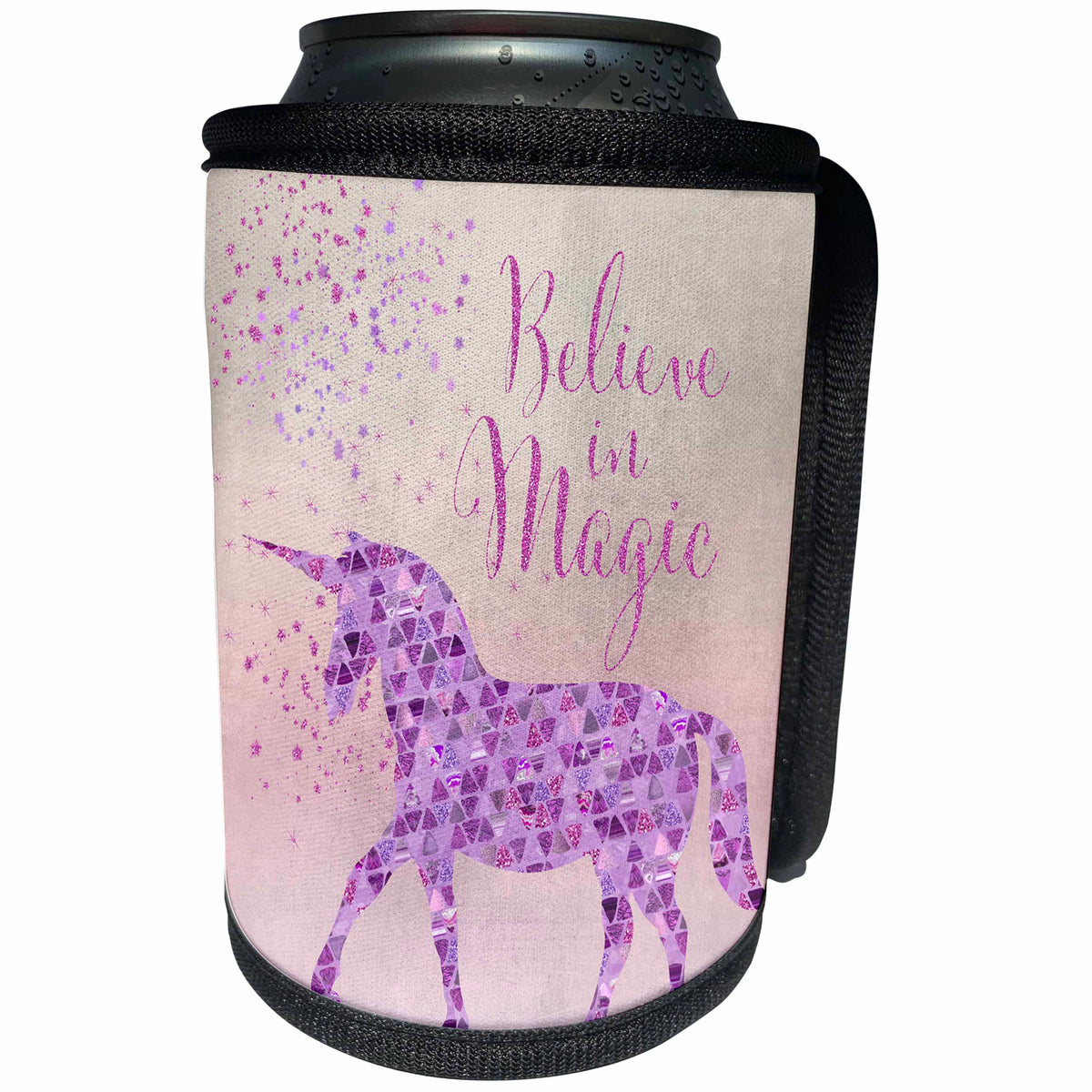 3dRose Andrea Haase Animals Illustration - Glittering Unicorn And Test Believe In Magic - Can Cooler Bottle Wrap (cc_268139)