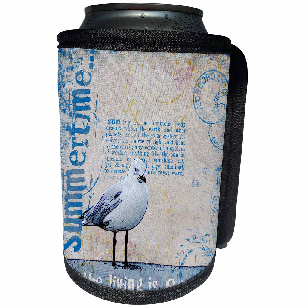 3dRose Andrea Haase Animals Illustration - Sea Gull Mixed Media Art With Text Summertime And The Living Is Easy - Can Cooler Bottle Wrap (cc_268142)