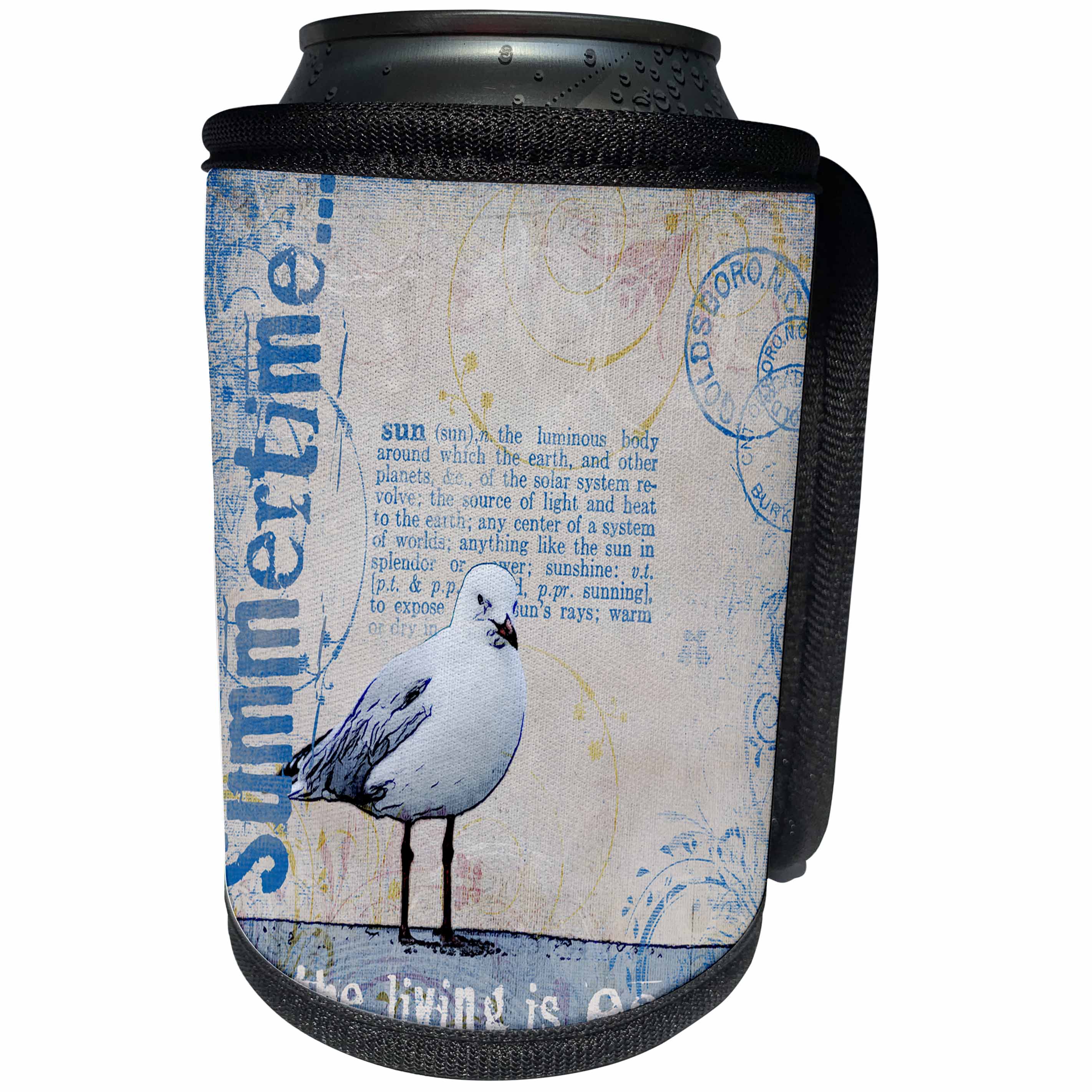 3dRose Andrea Haase Animals Illustration - Sea Gull Mixed Media Art With Text Summertime And The Living Is Easy - Can Cooler Bottle Wrap (cc_268142)