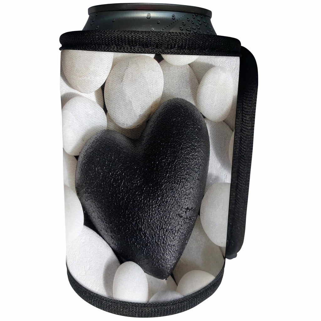 3dRose Andrea Haase Still Life Photography - Black Heart On White Pebble Photography - Can Cooler Bottle Wrap (cc_268171)