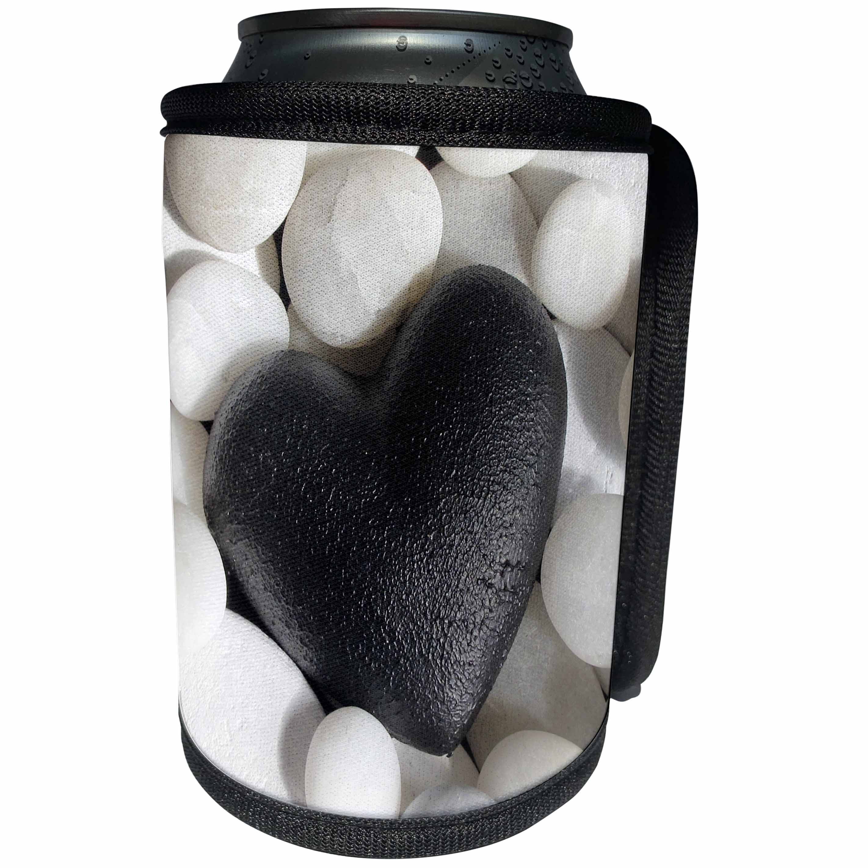 3dRose Andrea Haase Still Life Photography - Black Heart On White Pebble Photography - Can Cooler Bottle Wrap (cc_268171)