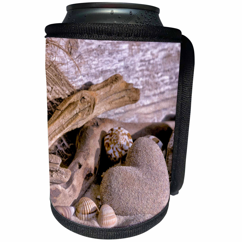 3dRose Andrea Haase Still Life Photography - Sand Heart With Driftwood And Shells Photography - Can Cooler Bottle Wrap (cc_268176)