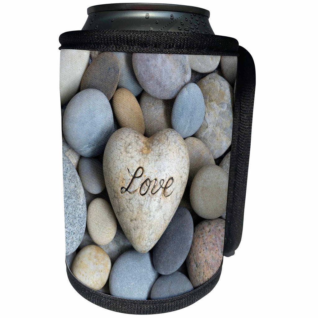 3dRose Andrea Haase Still Life Photography - Heart With Word Love On Pebble Photography - Can Cooler Bottle Wrap (cc_268182)