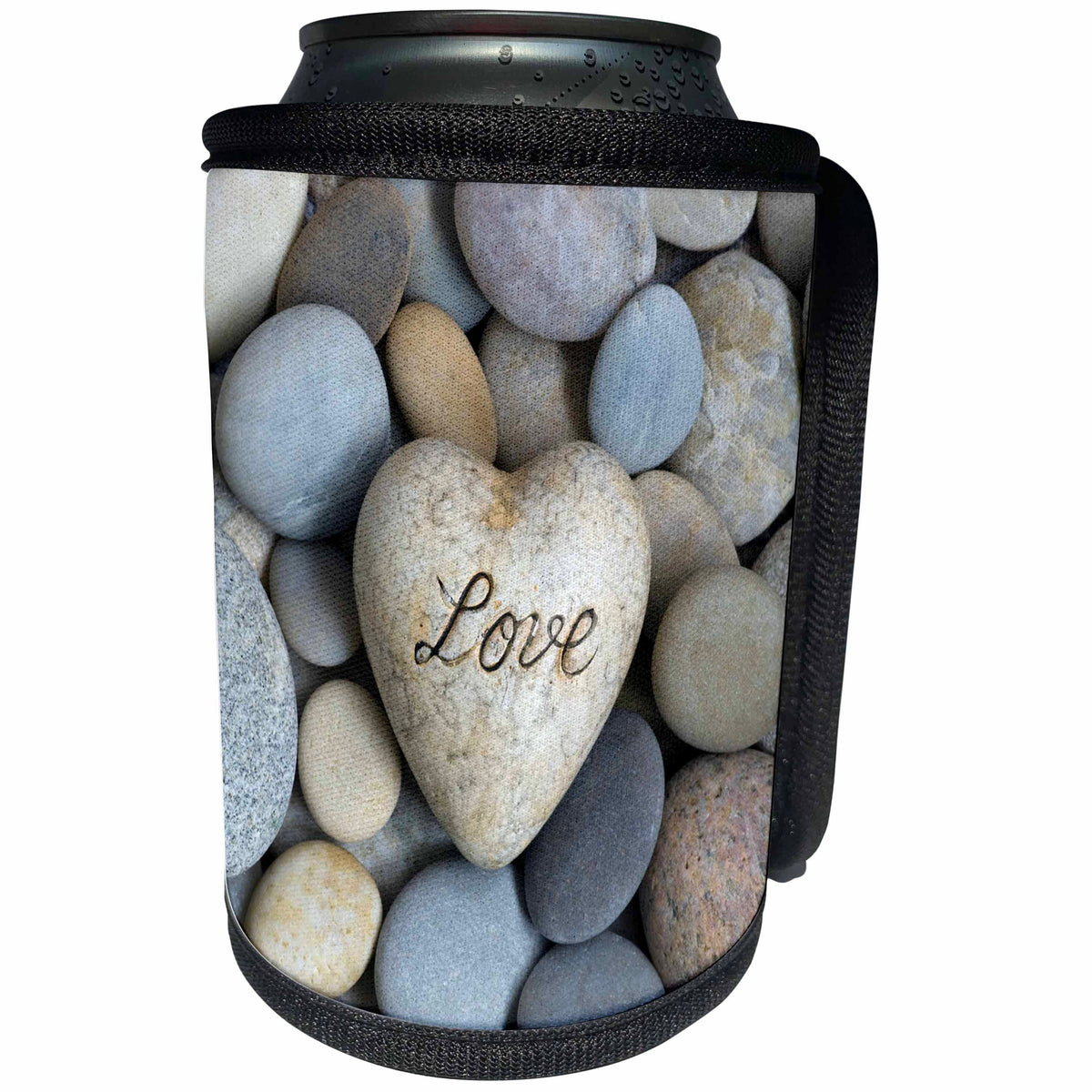 3dRose Andrea Haase Still Life Photography - Heart With Word Love On Pebble Photography - Can Cooler Bottle Wrap (cc_268182)